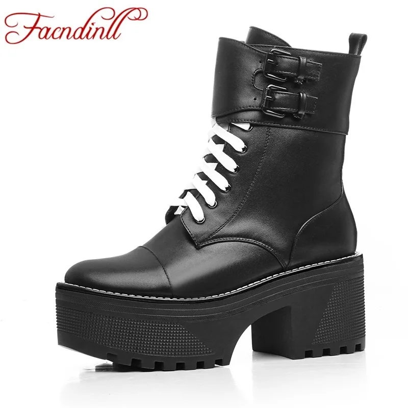 women autumn winter boots new fashion real leather high heels round toe platform shoes woman ankle boots black motorcycle boots