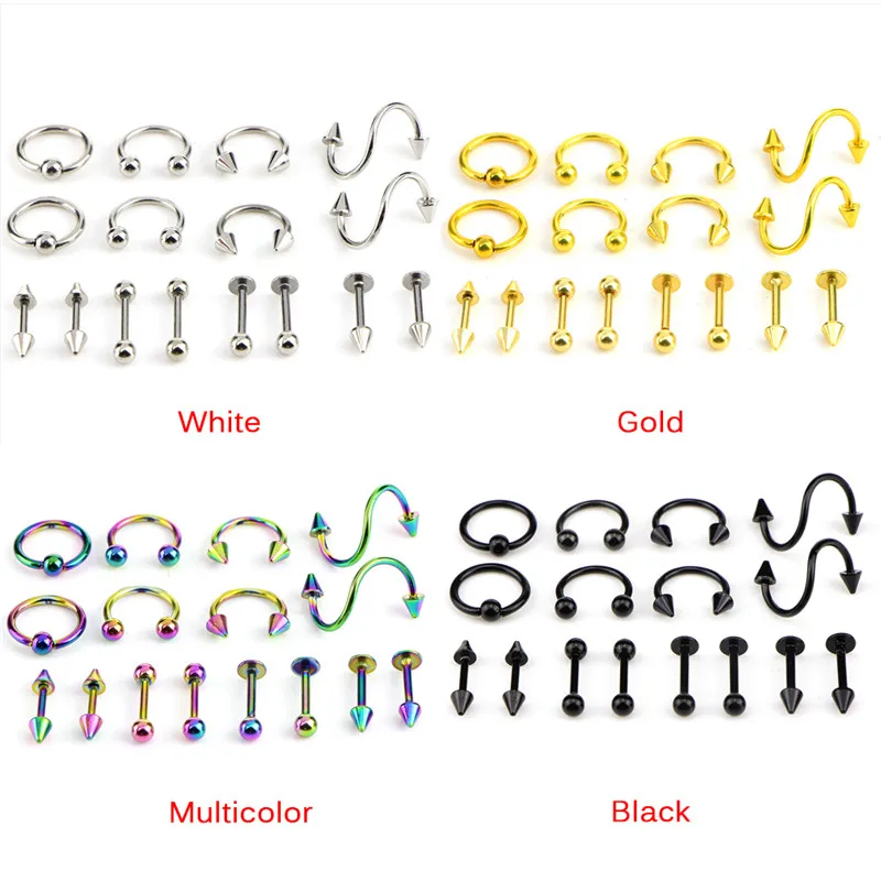 

16pcs/set Stainless Steel Spiral Nose Rings Earring Stud Tragus Piercing Fashion Pircing Nariz Piercing Lengua For Women Men