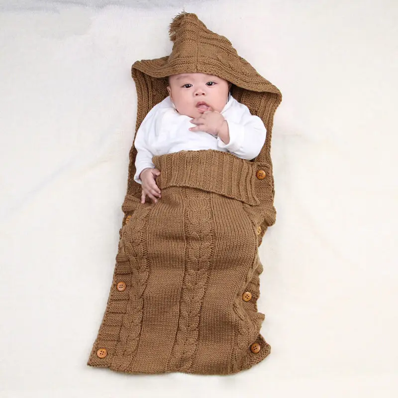 Warm Knitted Baby Sleeping Bag Solid Color Hooded Baby Sleep Sacks
