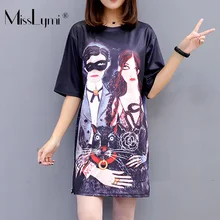 M-XXL, пляжное платье большого размера, лето, Harajuku, черная кошка и мальчики, принт, короткий рукав, Свободная Повседневная мини-футболка, платья