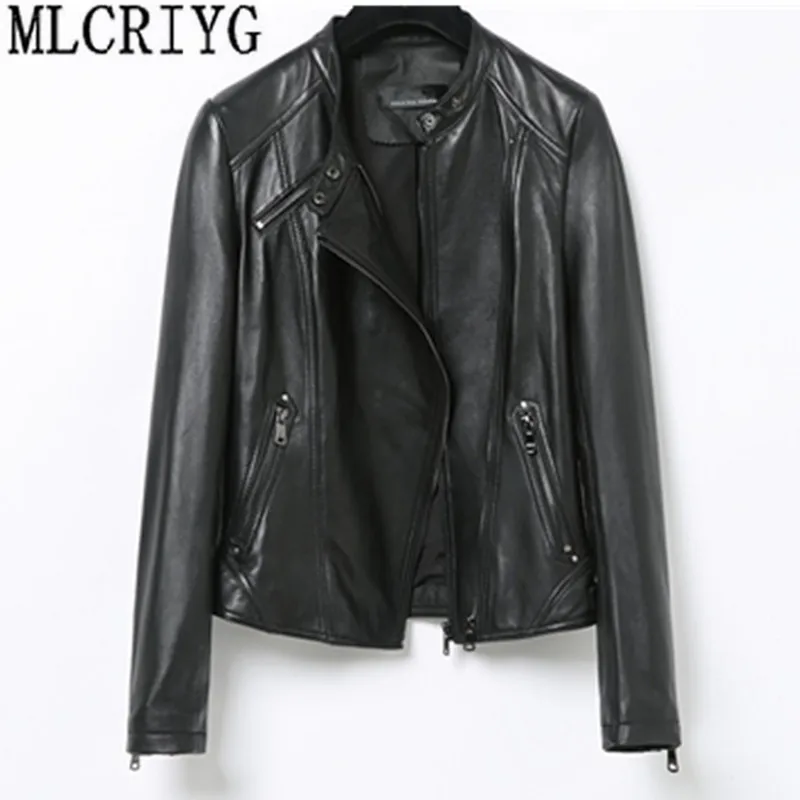 

Fashion Genuine Leather Jacket Spring Classic Short Motorcycle Jackets Black Punk Style Ladies Sheepskin Coats for Women YQ246