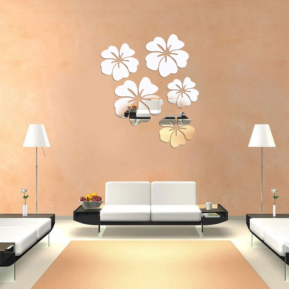 

5pcs/set Flower Acrylic 3D Mirror Wall Sticker Mural Decal Removable Stickers Living room Decoration Wall Decal Art Home Decor