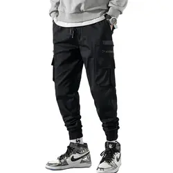 Японский стиль модные мужские джинсы черный цвет большой карман брюки карго Свободные Fit конус мотобрюки уличная хип хоп Jogger для мужчин