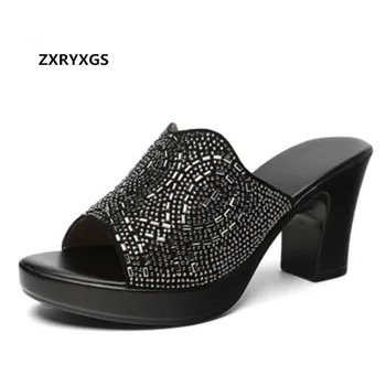 

2019 New Elegant Summer Rhinestone Shoes Women Slippers Sandals High Heel Sandals Fashion Slippers Genuine Leather Shoes Sandals