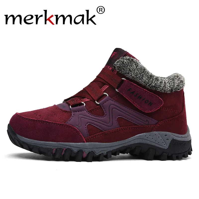 

Merkmak Winter New Warm Couple Ankle Boots Women Hook Loop Fur Plush Men Boots Casual Hiking Shoes Men's Outdoor Footwear Flats