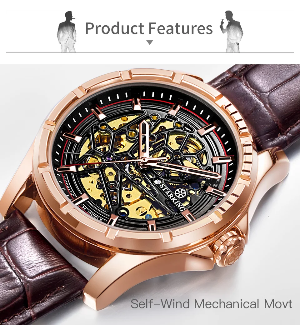 STARKING мужские прозрачные часы 28800 высоко-битые наручные часы с механизмом, мужские часы с кожаным ремешком, автоматические часы Mecanic AM0271