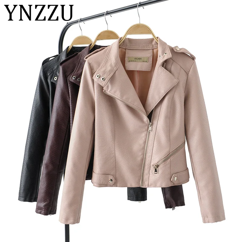 

YNZZU 2019 New Fashion Women Motorcycle Faux Leather Jackets Ladies Long Sleeve Autumn Winter PU Biker Streetwear Coat A1015