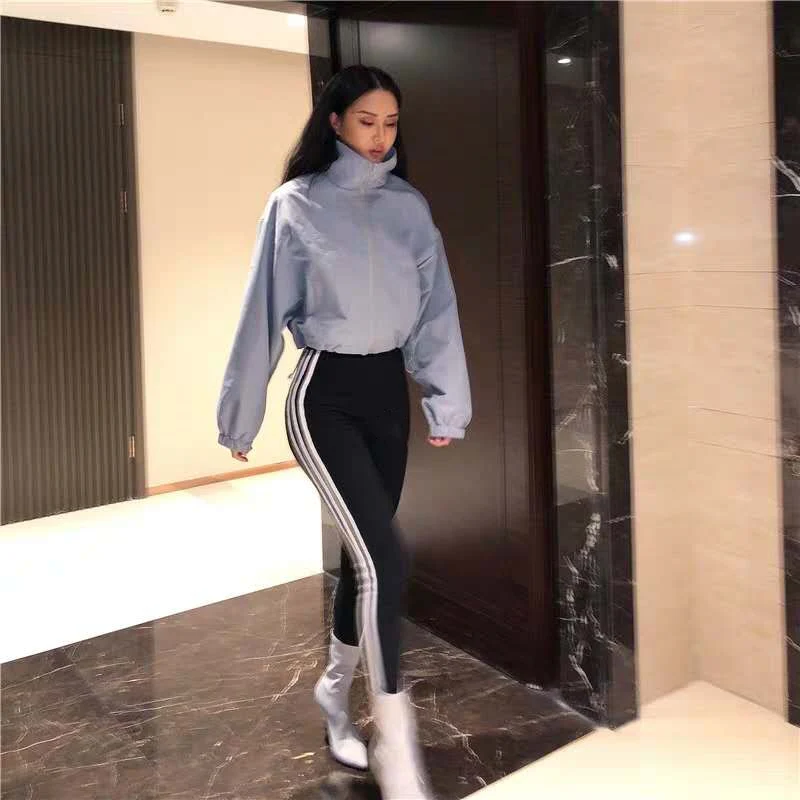 Ceny Jesień wysokiej talii kobiet legginsy bawełny w stylu casual, w paski Stretch elastyczna talia legginsy kobiety Legging spodnie damskie legginsy