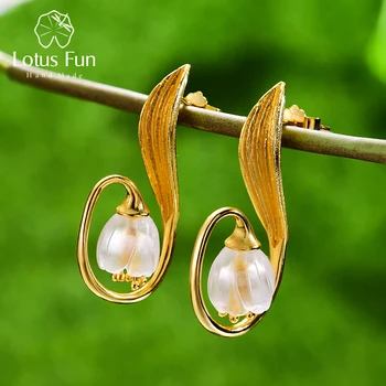 Lotus Fun Real 925 Sterling Silver Handmade Fine Jewelry Natural Crystal Gold Lily of the Valley Flower Drop Earrings for Women