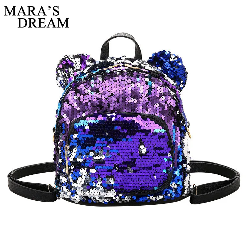 

Mara's Dream Shining Women Sequins Backpacks Bear Ears Teenage Girls Party Travel Backpack Small Cute Bling School Bags Mochila