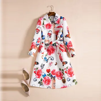 

Luxury Flower Print Women Trenchcoat Fashion Turn-Down Collar Long Sleeve Coat With Belt