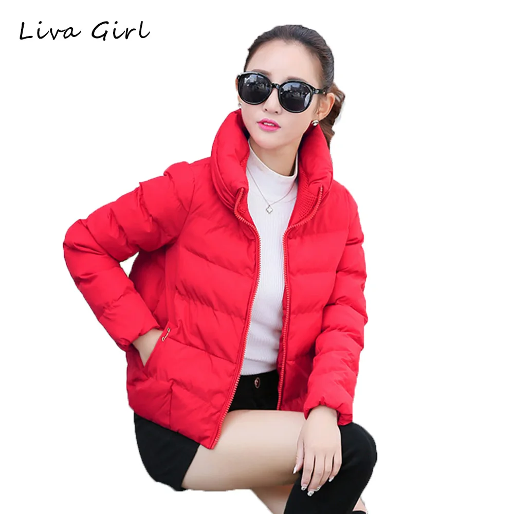 

LIVA GIRL 2017 New Women Winter Warm Thick Cotton Jacket Slim High Collar Solid Color Coat Female Short Overcoat Fashion WJN265