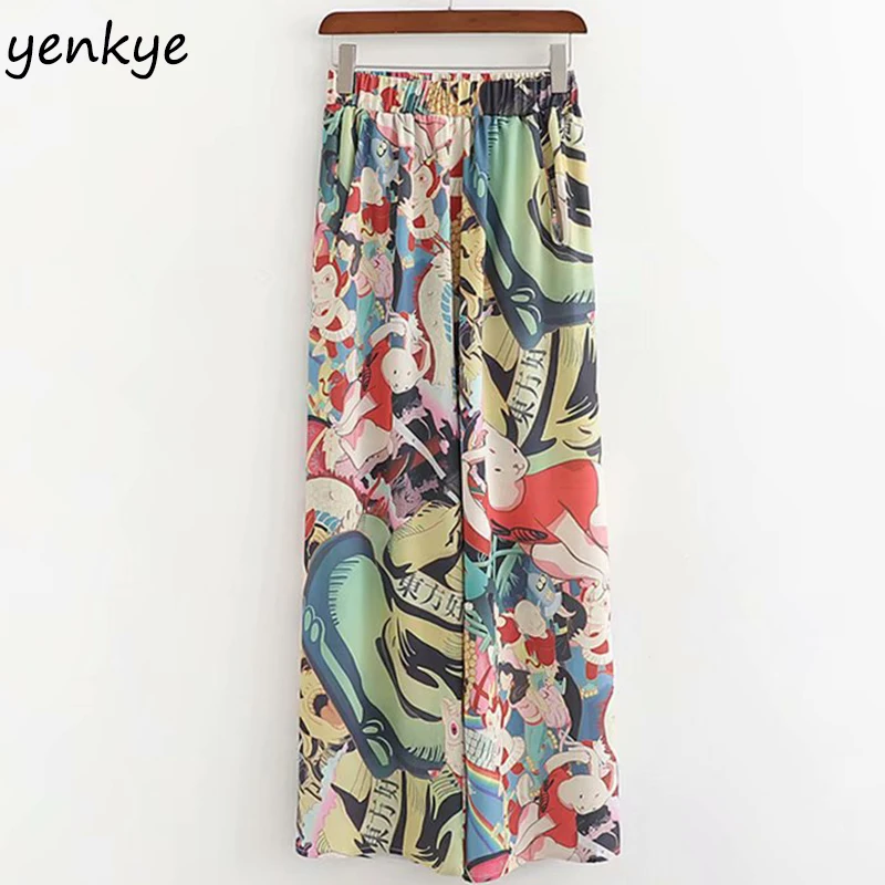 

2019 Women Multicolor Graffiti Print Satin Wide Leg Pants Female Elastic High Waist Casual Loose Trousers Summer pantalon femme