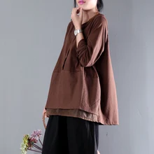 Осень Свободные кукольный стиль трикотажные хлопковые футболка с длинными рукавами женский кружева лоскутное пуловер Толстовка