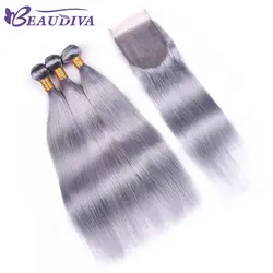 Beaudiva предварительно цветные бразильские серые прямые волосы пучки с закрытием 100% человеческих волос пучки с 4*4 Кружева закрытия remy волосы