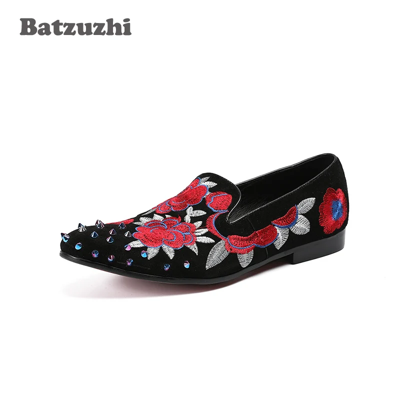 Planos Nuevos Suede Bordado En Y Us12 Hombres De Llegada Casual Negro Lujo Holgazanes Flores Zapatos Remaches La Punta Con T14TH