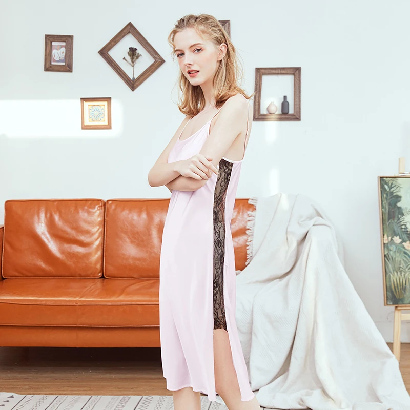 

Roseheart Women Fashion Pink Sexy Long Nightdress Faux Silk Nightwear Sleepshirt Nightgown Sleepwear Spaghetti Strap Lace Gown