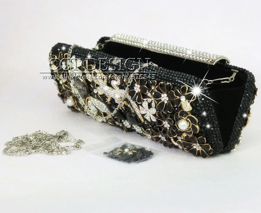 Free shipping vintage luxury Black rhinestone Handbag sexy Women