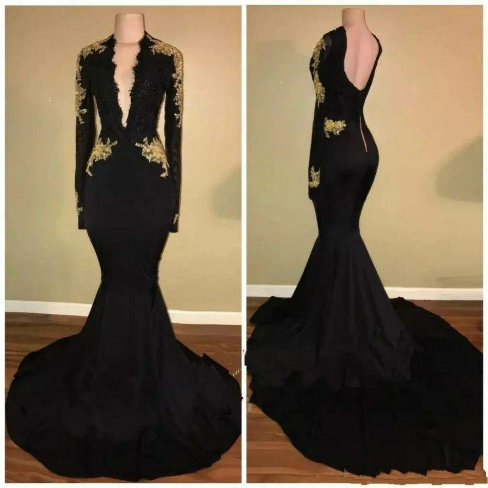 

Deep V-Neck Sexy Long Sleeve Prom Dress Party Evening Gowns Wedding Guest Formal