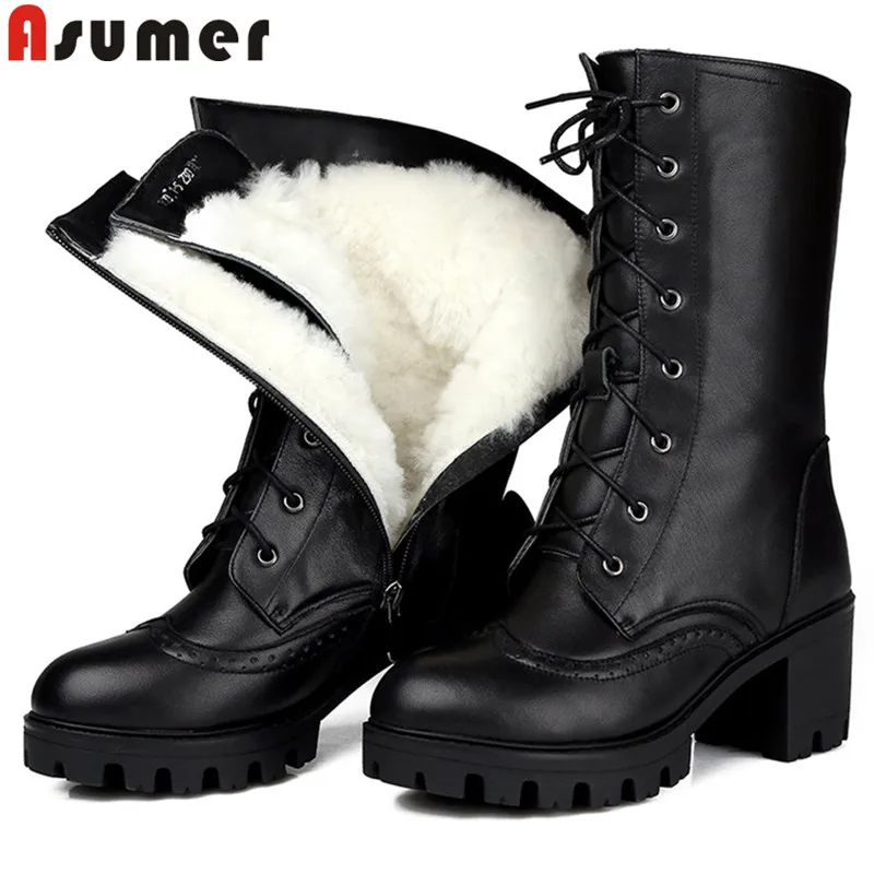 ASUMER/горячая Распродажа, новые ботинки до середины икры черного цвета женские ботинки из pu искусственной кожи с круглым носком, на молнии, на шнуровке зимние теплые ботинки из овчины