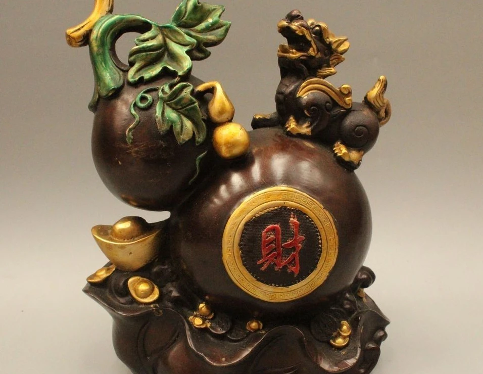 

10" Chinese Bronze Gild Money Unicorn Beast Pi Xiu Fu Lu Bottle Gourd Calabash