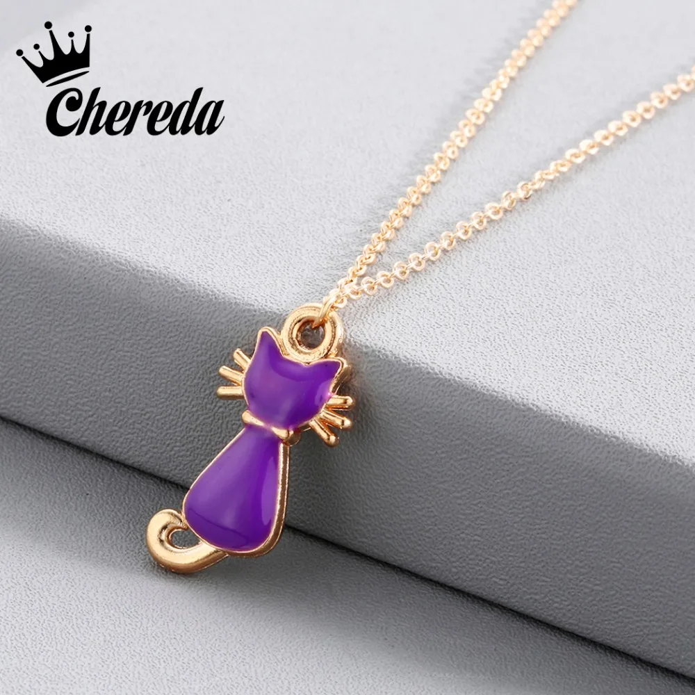 

Chereda Charms New Arrival Cute Pendant Necklace Alloy Purple Color Cat Necklaces For Women Lady Jewelry Fine Accessories Gift