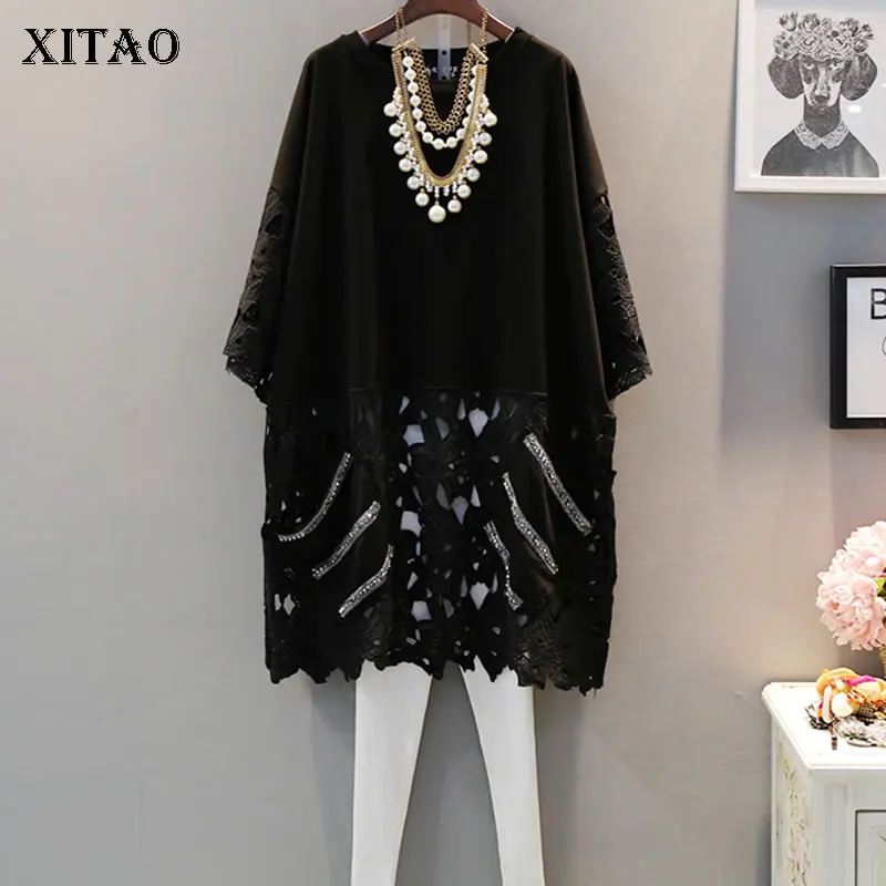 

[XITAO] Loose Women Fashion New 2019 Spring Summer O-neck Short Sleeve Sequined Hollow Out Casual Above Knee Dress LYH3386