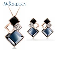 MOONROCY Прямая розовое золото цвет ожерелье и серьги квадратный серый коричневый кристалл набор украшений для женщин подарок для девочек
