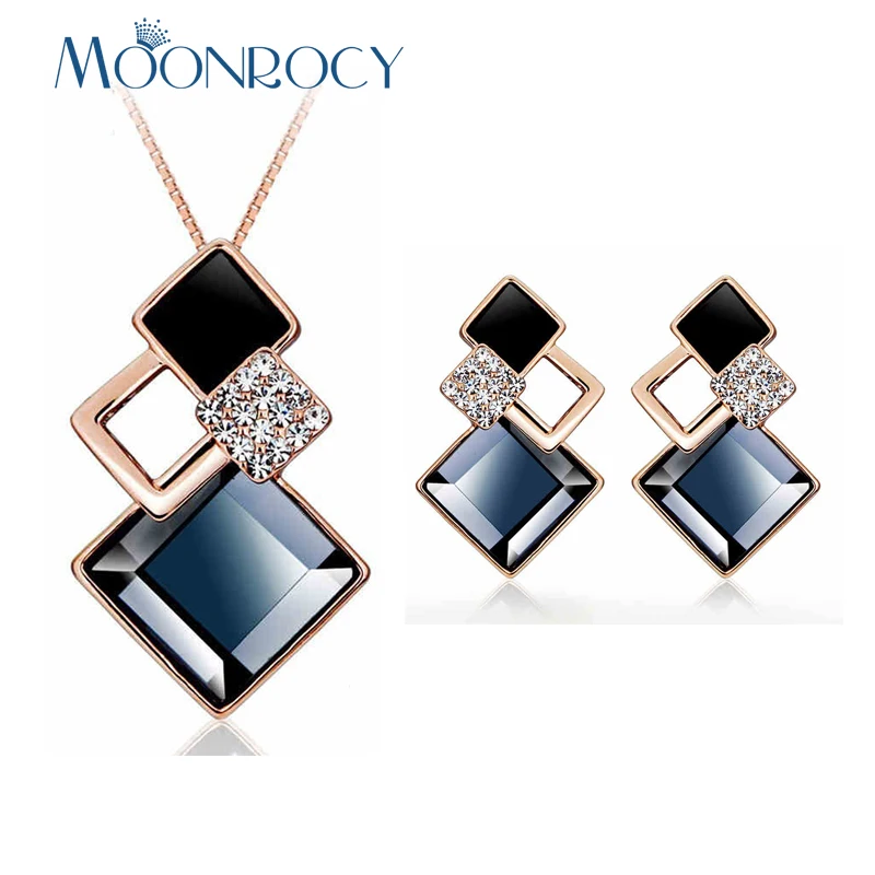 

MOONROCY Drop Shipping Rose Gold Color Necklace and Earrings Square Grey Brown Crystal Jewelry Set for Women Girls Gift