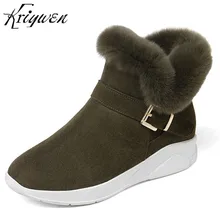 Inverno Botas De Pele do Tornozelo Saltos Robustos Camurça da Vaca da Forma das Mulheres Botas de Neve Marca Senhoras Confortáveis Mulher Fivela botas feminina