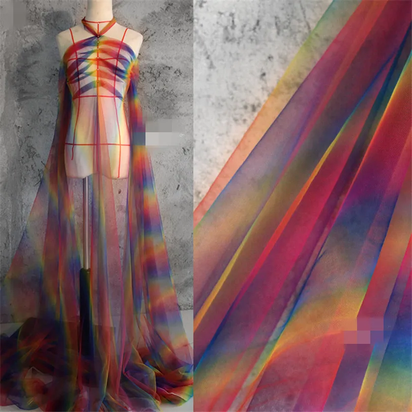 

45cm*155cm/piece Rainbow gradient mesh perspective laser fantasy mesh dress original designer fabrics