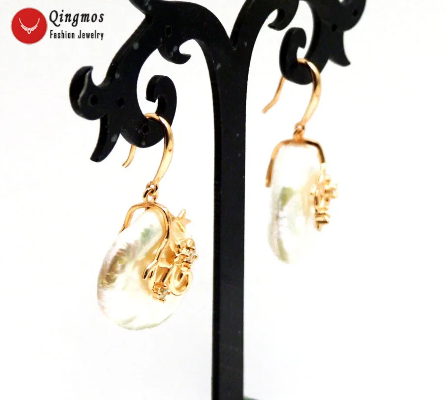 Qingmos Trendy Natural White Pearl Earring for Women with 20mm Oval Dangle Pearl Earrings Fine Jewelry Free Pack Box ear716