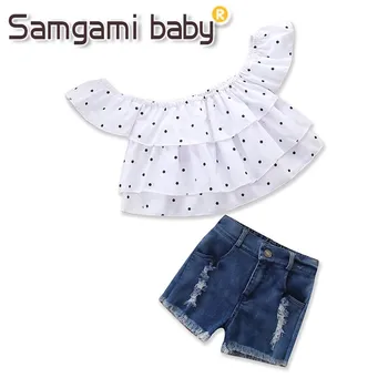 

SAMGAMI BABY Toddler Girls Summer daily Clothing Girl Clothes White Dot Tops Broken Hole Pants 2pcs Kids Shorts Suits Outfits