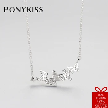 

PONYKISS Cute 100% 925 Solid Sterling Silver Butterfly Pendant Necklace Link Chain Romantic Gift Girl Lady Fine Jewelry Party