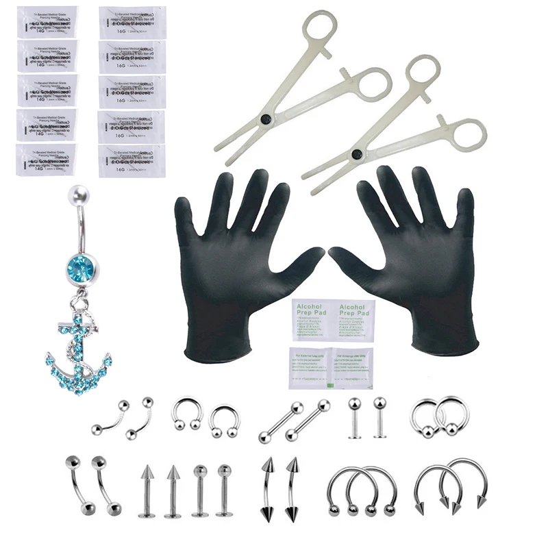 

41Pcs Body Piercing Jewelery Set Nose Eyebrow Lips Tongue Ring Septum Forceps Piercing Needles Body Jewelry #88633