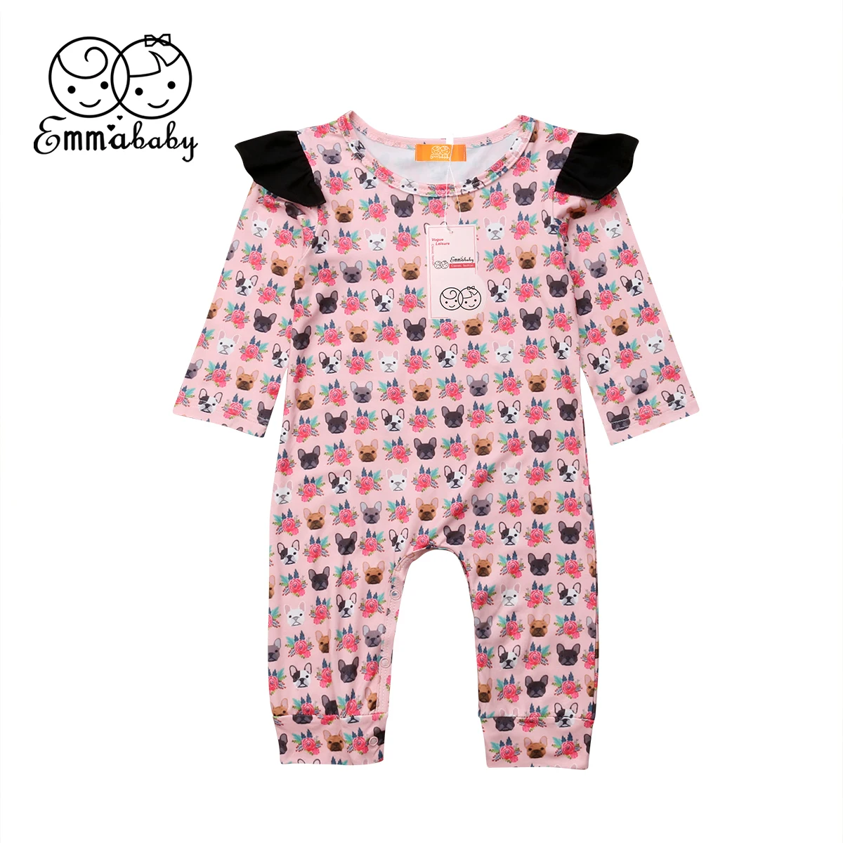 

the new fashion lovely printing Newborn Baby Girls Bulldog&Floral Bodysuit Jumpsuit Clothes Outfits wild casual lovely casual
