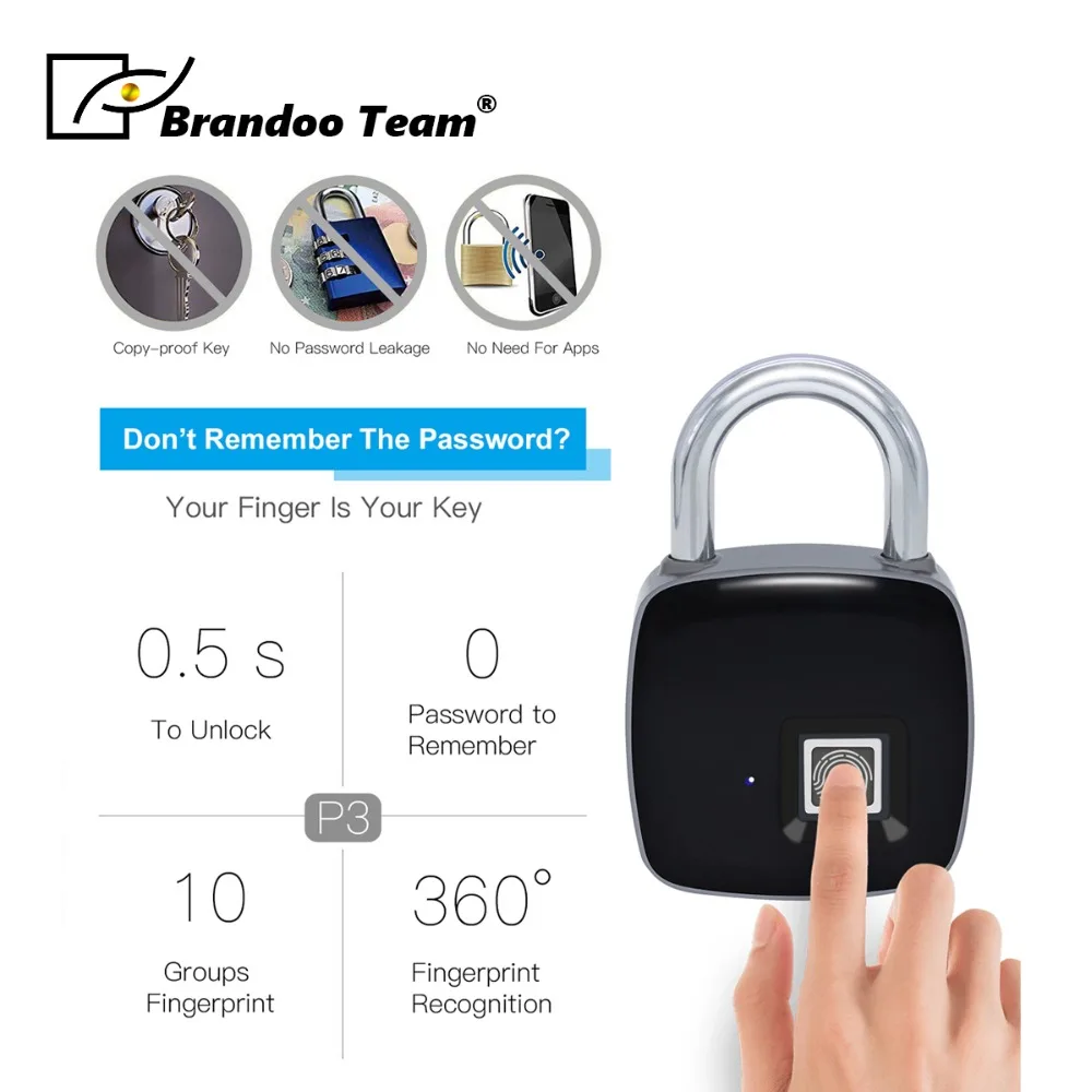 

USB Rechargeable Smart Keyless Fingerprint Lock IP65 Waterproof Anti-Theft Security Padlock Door Luggage Case Lock