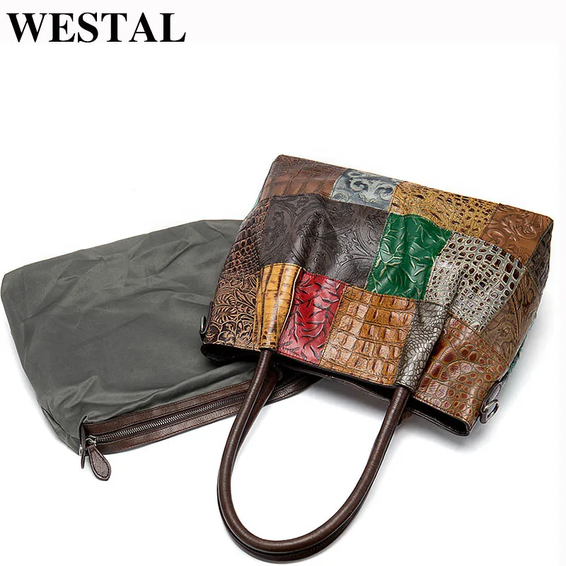 

WESTAL Embossing Women's Shoulder Bag Genuine Leather Woman Handbags for girls Vintage Messenger/crossbody Bags Big Ladies Totes