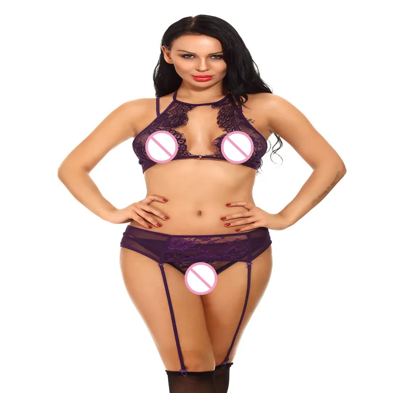 Sex Clothes Lace Women Babydoll Sexy Lingerie Garters Set Women Open Cup Bra Panty Erotic String Bikini Thong Sexy Underwear Set