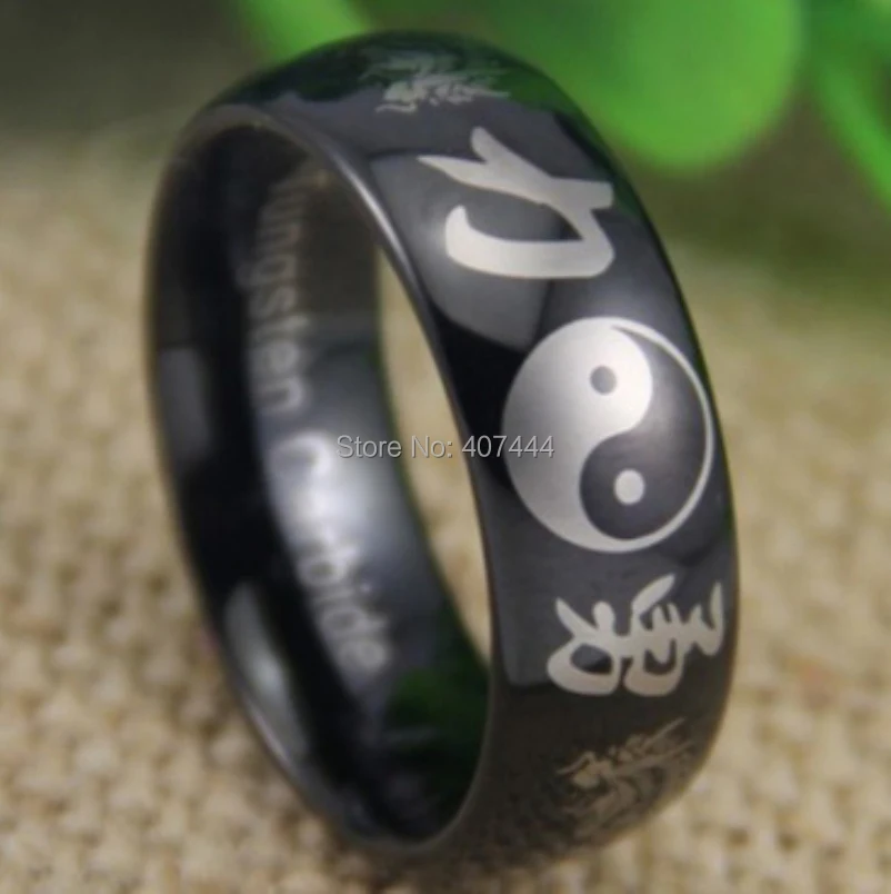 

Free Shipping YGK JEWELRY Hot Sale 8MM Comfort Fit Tai Chi Kanji Dragon Men's Black Dome Tungsten Wedding Ring