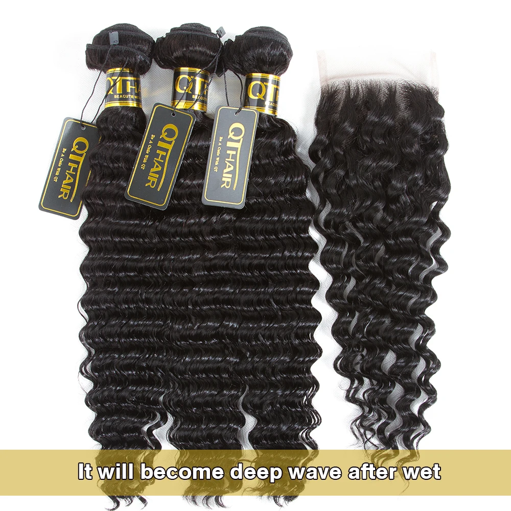 QT Hair Wet And Wavy Bundles With Closure Deep Wave Bundles With Closure Brazilian Human Hair Weave 3 Bundles With Closure