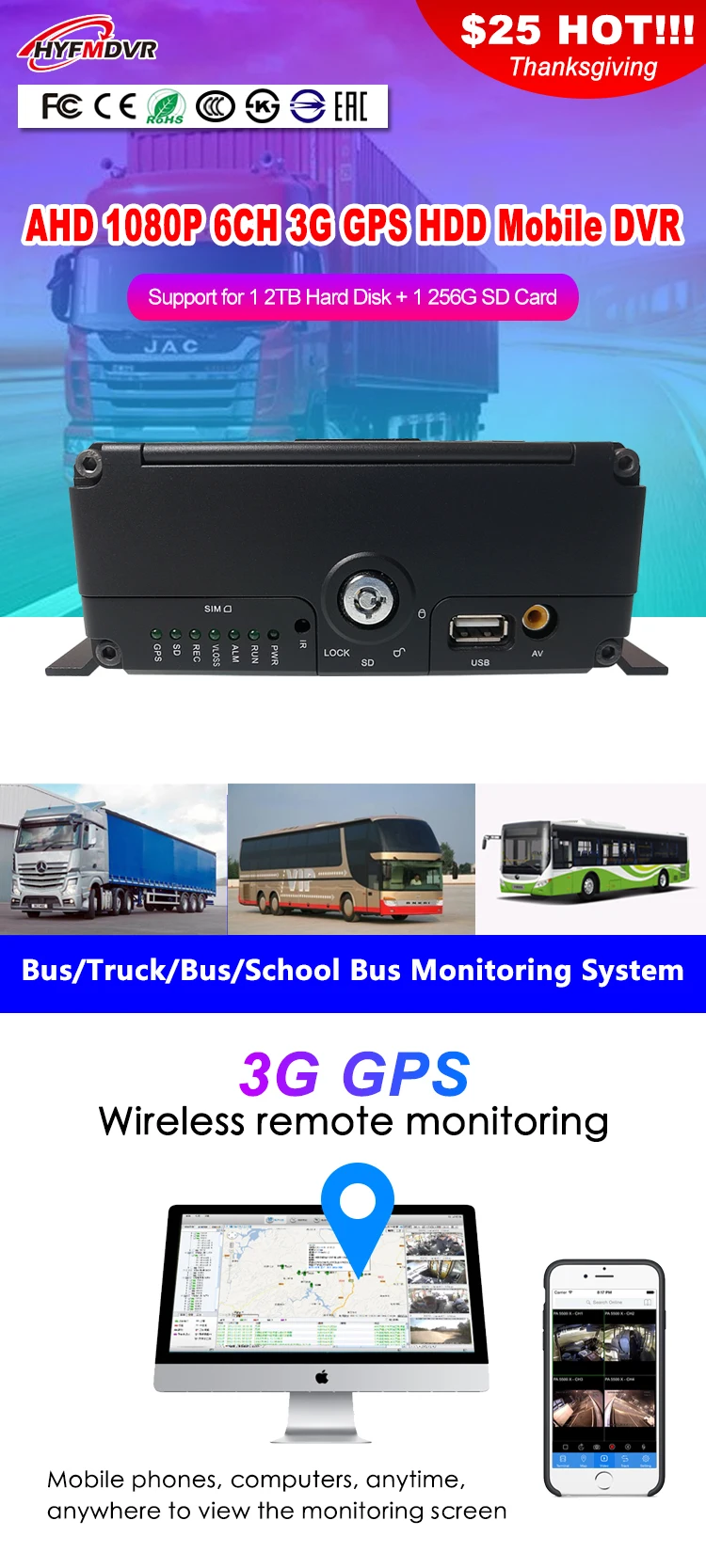 В Горошек AHD 720 P Мегапиксельная 3g мобильный цифровой видеорегистратор GPS аудио и видео 6-канальный танкер/вездеход/бетоновоз