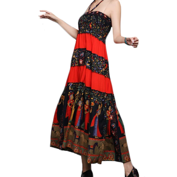Женская этническая винтажная юбка из льна и хлопка, богемные юбки с эластичной талией, Женская длинная юбка с цветочным рисунком в стиле пэчворк