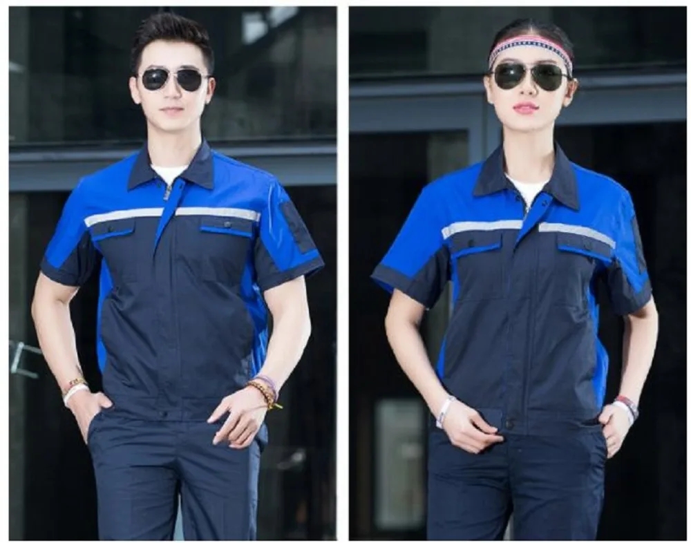 Summer short Sleeve Factory uniform Sets Contrast Color match Protective cloths Labour Wear Auto Repair man work Cloth Top Pants