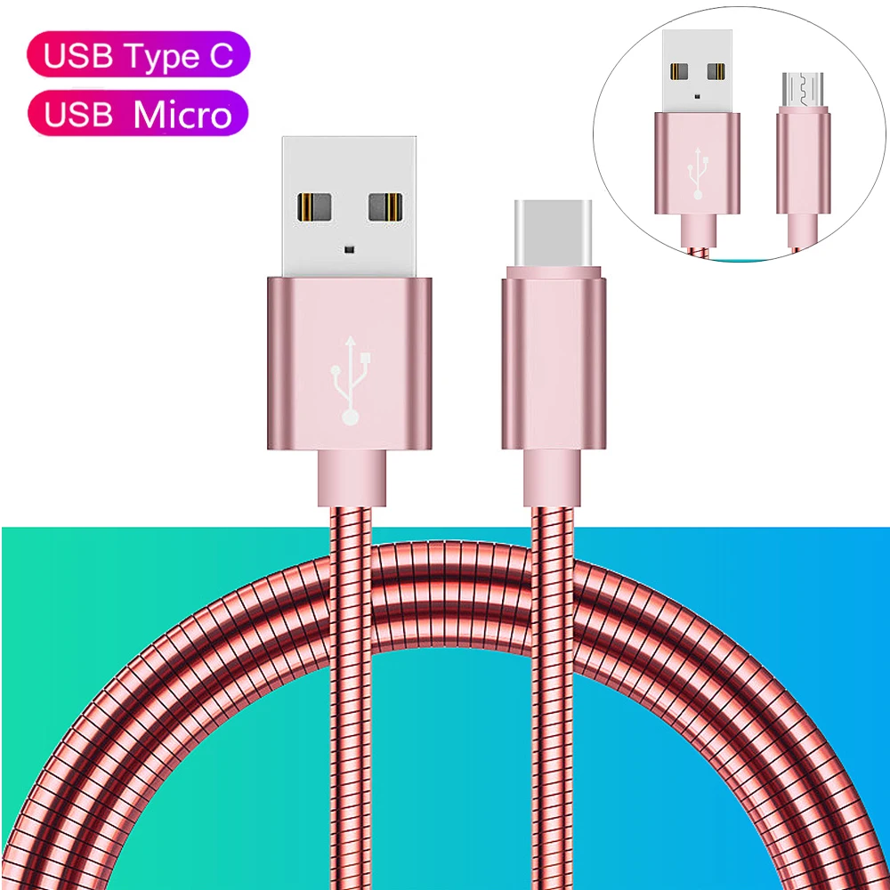 Jetjoy металлический Плетеный Micro usb type C Быстрый умный зарядный кабель для передачи данных для huawei Xiaomi samsung зарядный шнур из нержавеющей стали 1 м - Цвет: Rose Gold