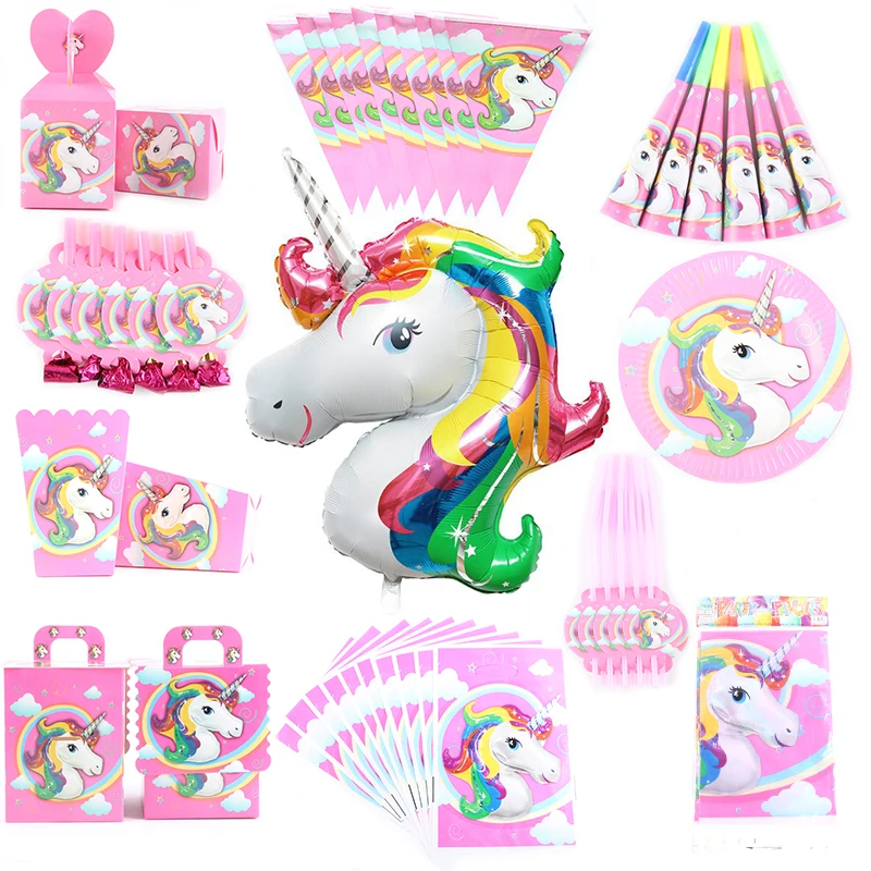 Unicorn-Theme-Cartoon-Party-Set-Balloon-Tableware-Plate-Napkins-Banner-Birthday-Candy-Box-Baby-Shower-Party