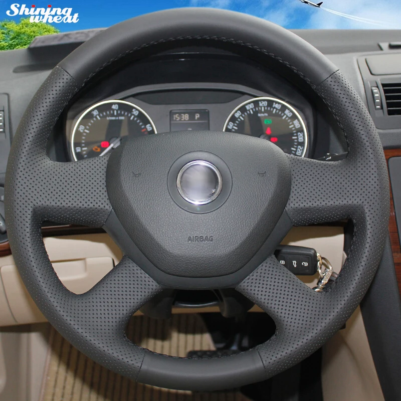 

Shining wheat Leather Hand-stitched Black Car Steering Wheel Cover for 2014 Skoda Octavia 2013 Skoda Fabia