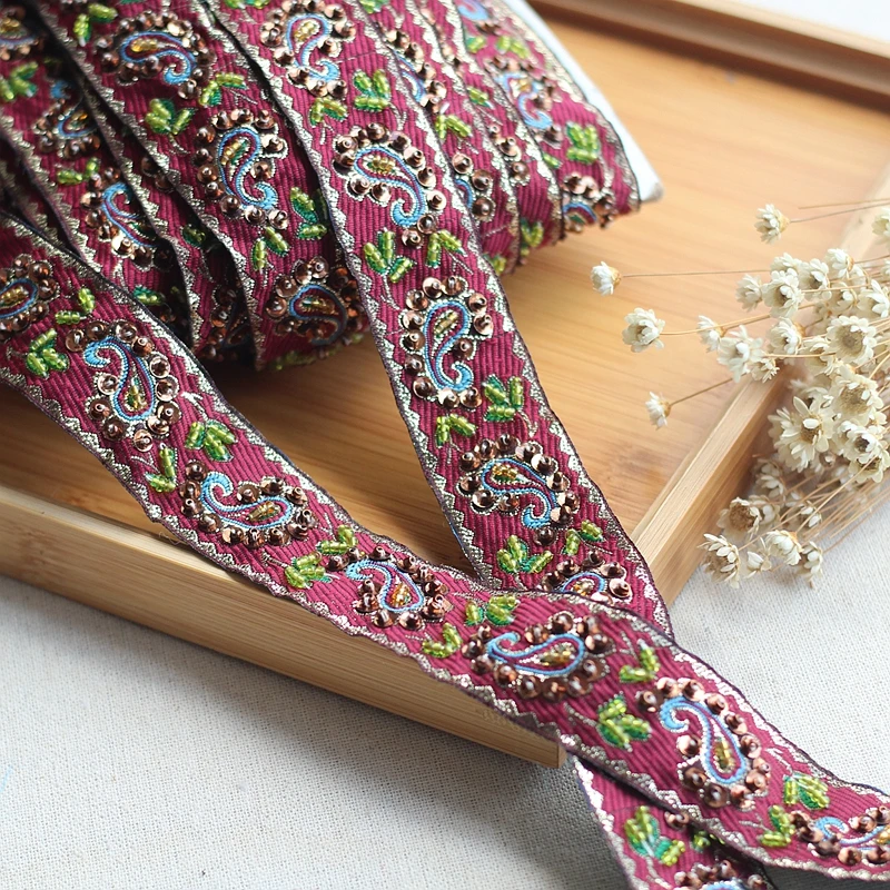

2yard Gold+Wine red + green High Quality Hand Made Beaded Sequined Wedding Lace Trim Embroidered Retro Lace Bridal 1.18'' Wide