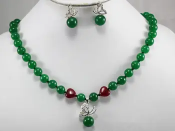 

Free Shipping Beautiful jewelry green stone necklace butterfly pendant earrings set