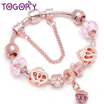 

TOGORY Dropshipping Vintage Silver Color Charm Bracelet with Love Heart Crystal Beads & Pendant Fine Bracelet For Women Gift